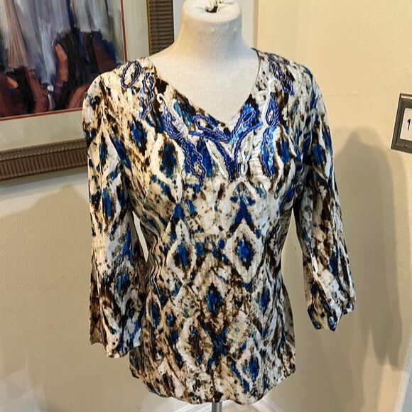 Chico’s Blue/Brown Patterned Tunic w/ Sequin Embellishments Size Large-2 - Picture 4 of 11